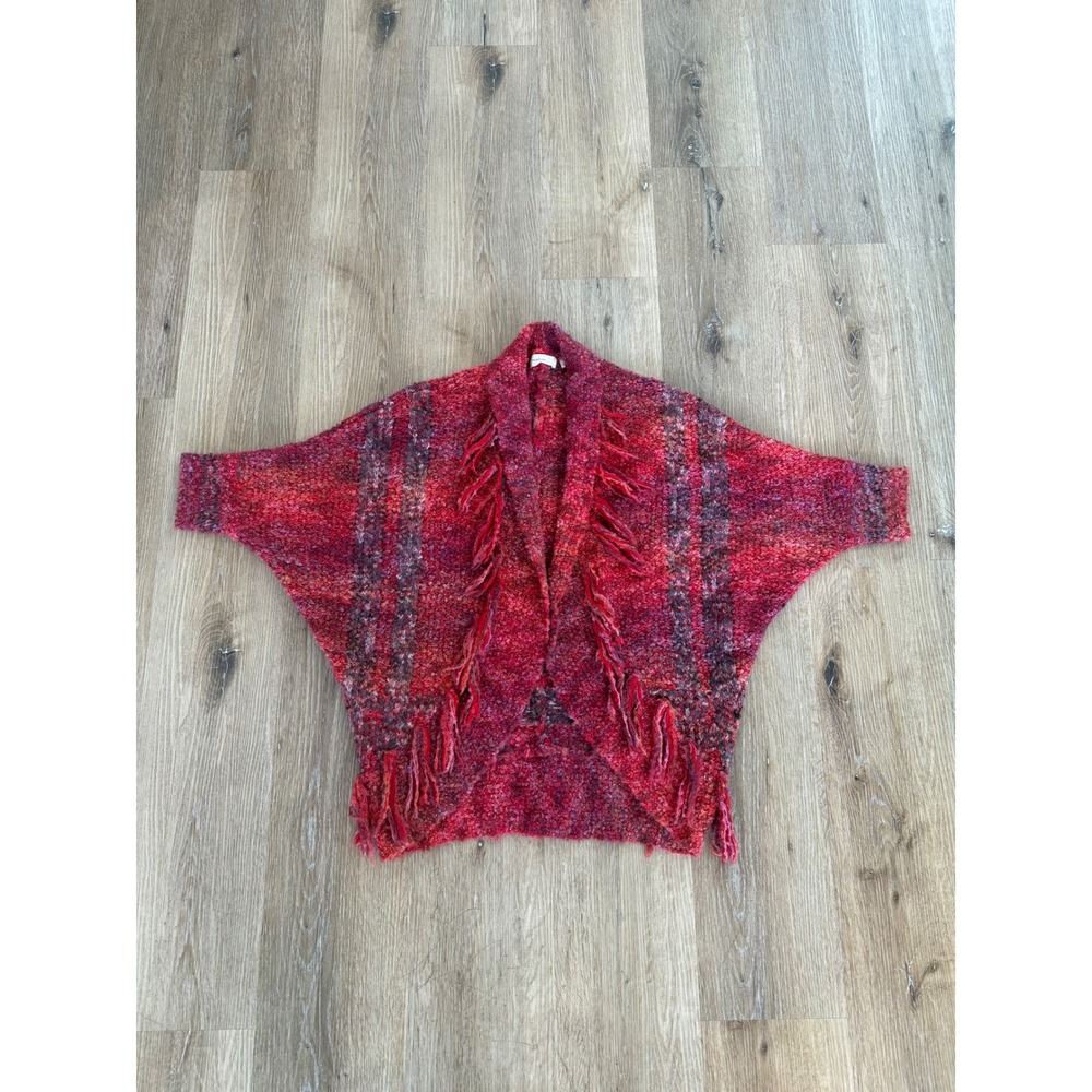 Sleeping on Snow Anthropologie Fringe Boucle‎ Knit Shrug Women XS Red Boho